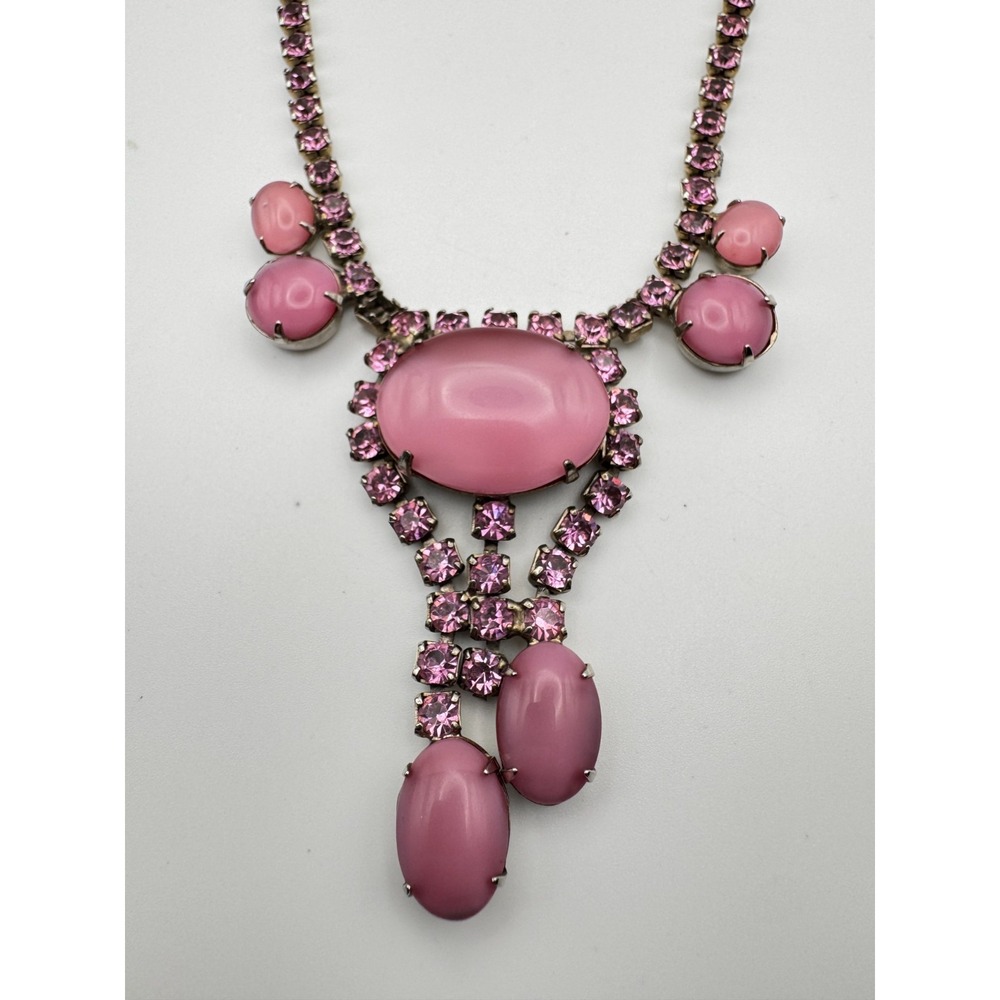 Vintage Lisner Necklace Thermoset Moonglow Pink Cabochon Drop Rhinestone